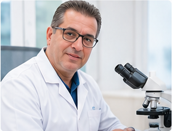 Dr. Abd Elhamid AMARI à son bureau de laboratoire médical avec microscope