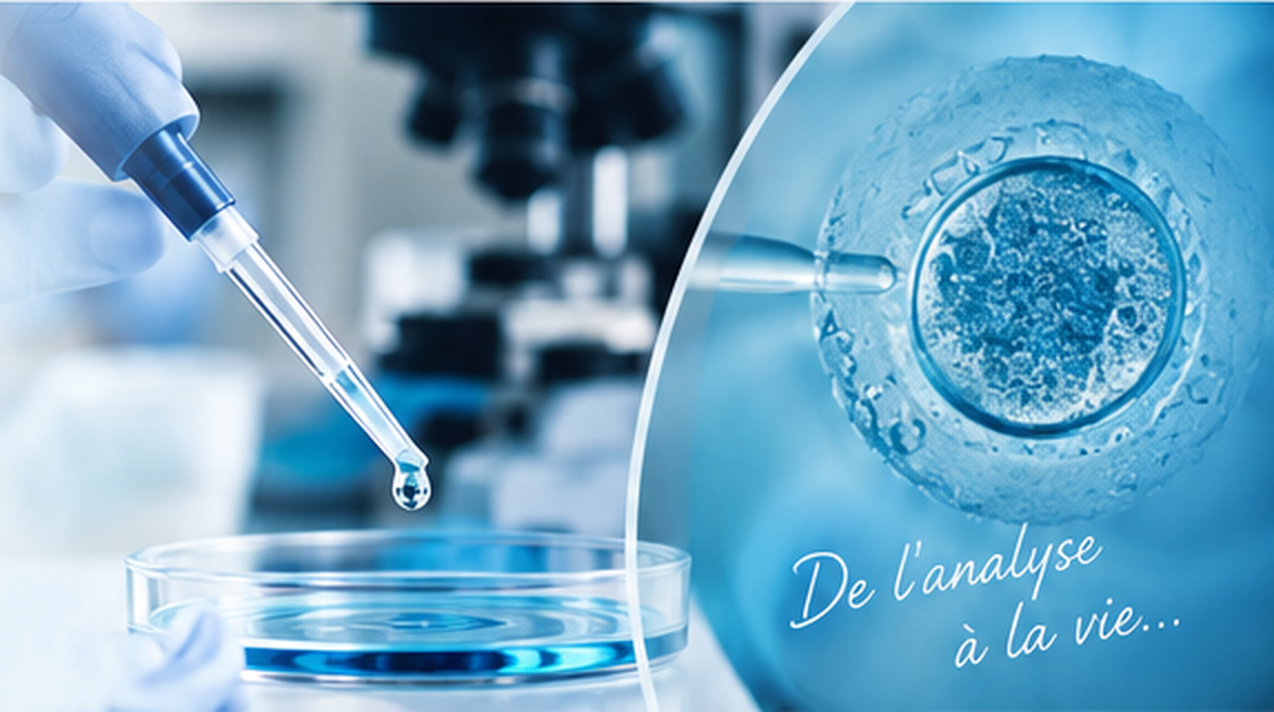 Microscope, pipette de précision et cellule ovocyte avec citation De l'analyse à la vie